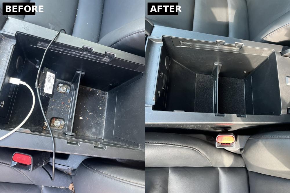 Center console before and after cleaning, dirt and clutter removed