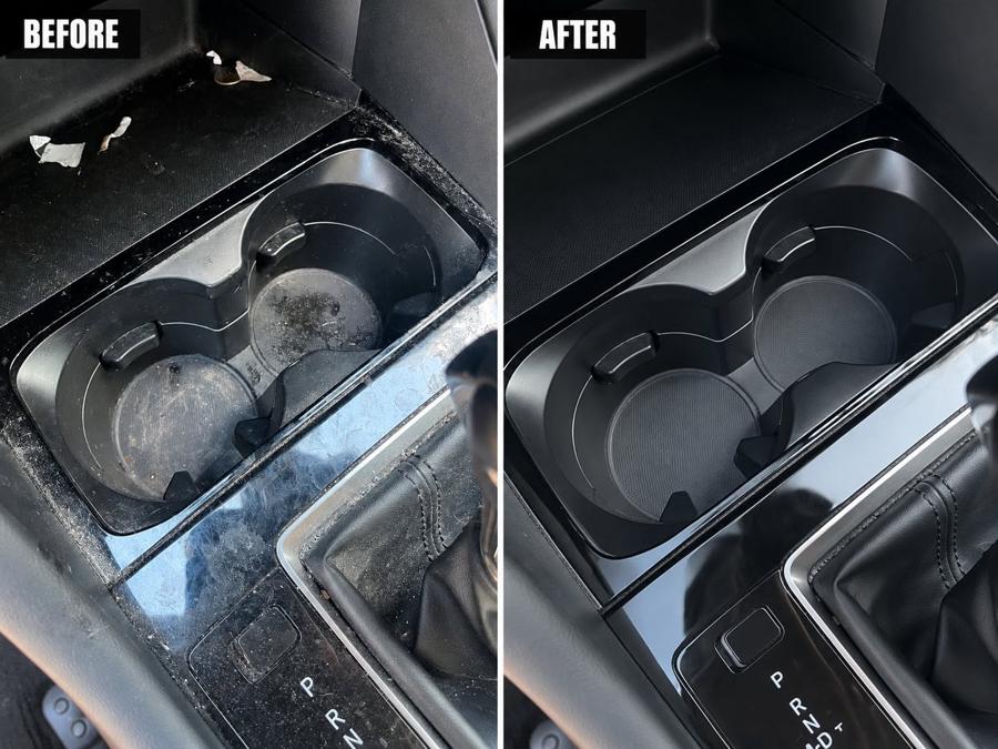 Cup holders before and after detailing, sticky residue removed