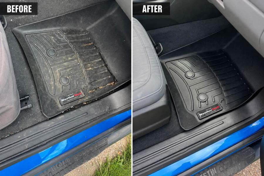 Floor mats before and after deep cleaning, caked-in dirt removed