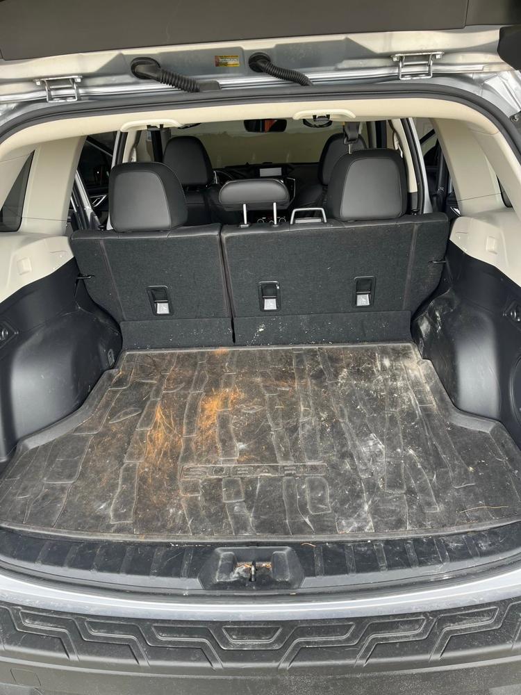 SUV cargo area before cleaning, dirty and scuffed cargo liner